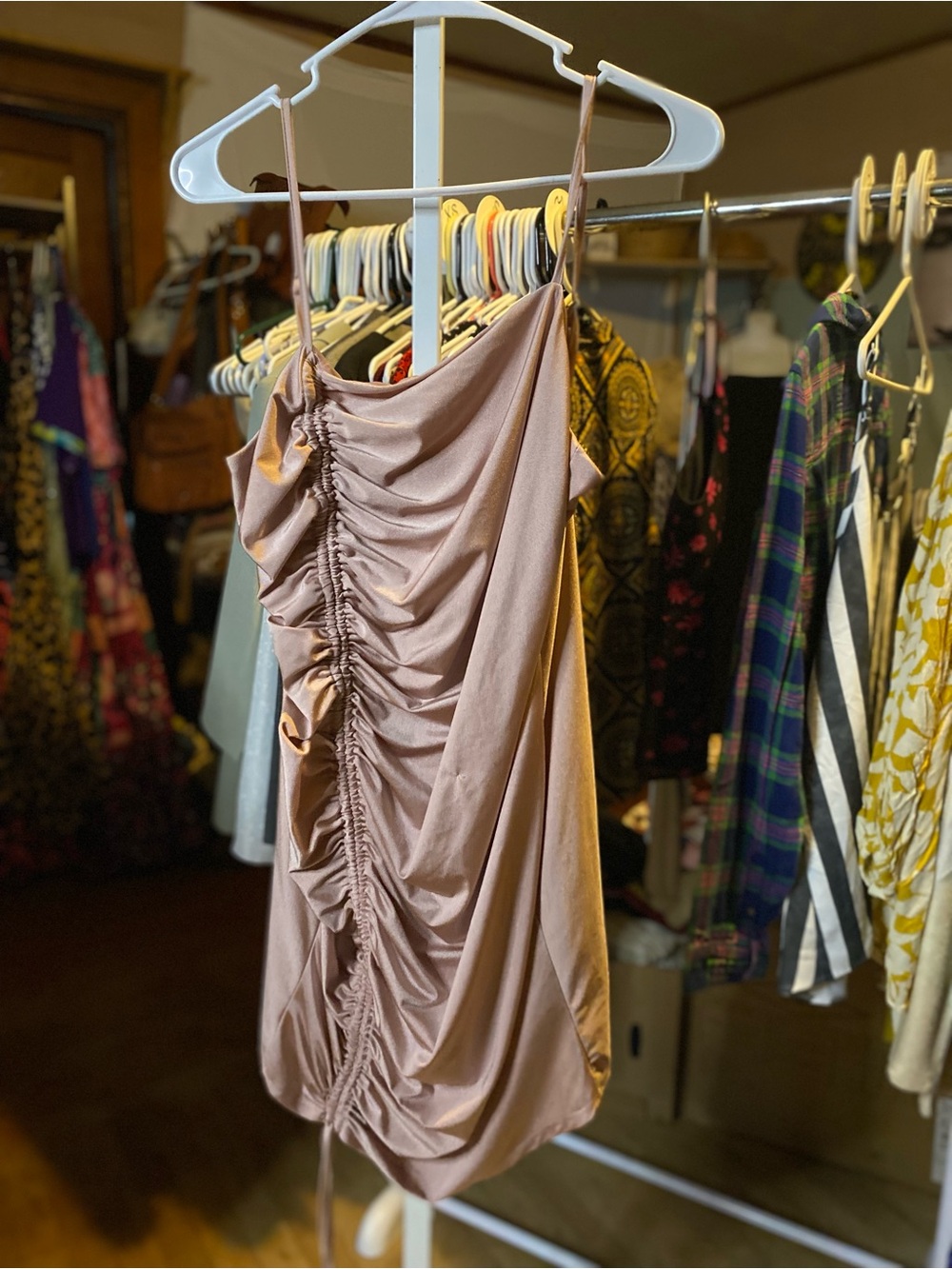 Lottie Moss Ruched Satin Mini Dress - Dusty Mauve w/ Adjustable Spaghetti Straps